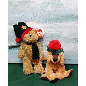 Lot Of 2 Christmas TY Beanie Babies JinglePup & Spruce Attic Treasures Santa Hat